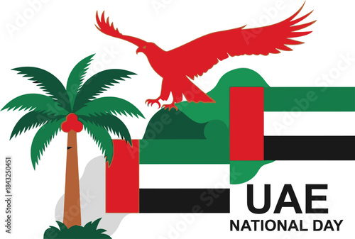 UAE National Day Celebration: A vibrant illustration for the UAE National Day, featuring a soaring eagle, palm tree, and the national flag, symbolizing pride and heritage.