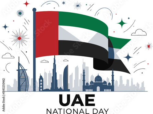 UAE National Day: A vibrant illustration depicts the flag of the United Arab Emirates waving proudly against a backdrop of iconic landmarks, celebrating the spirit of unity and national pride.