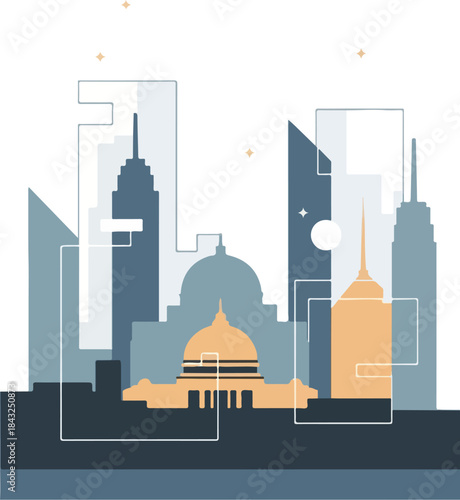 Urban Silhouette: An abstract representation of a cityscape featuring iconic architectural landmarks, conveyed through clean lines and geometric shapes. A study of metropolitan character.