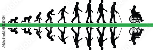 Human Life Cycle Silhouettes, Vector Illustration of Aging Process from Baby to Elderly Man in Wheelchair, Development, Evolution, and Time Passage Concept on White