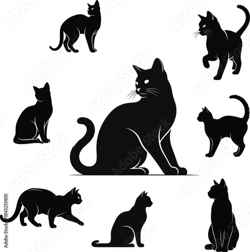 Set of eight black cat silhouettes isolated on white background looking in different directions