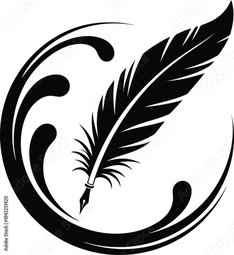 A striking black silhouette of a feather quill pen surrounded by an elegant, flowing circular design.