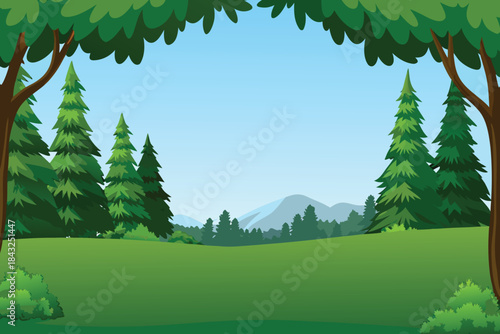 a lush green forest landscape with tall trees and distant mountains view high quality