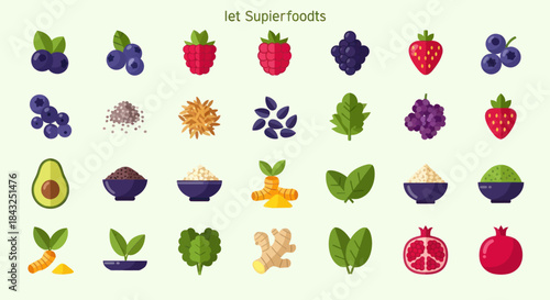 Colorful superfood icon collection featuring healthy foods like berries avocado ginger and spinach in a flat design.