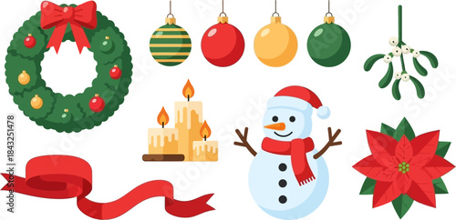 Festive Embellishments: Adornments of Christmas Cheer! A vibrant assortment of holiday ornaments, including wreaths, baubles, candles, snowmen, and poinsettias, ready to illuminate the joyous season.