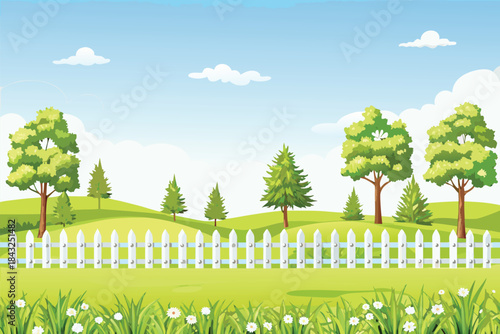 A serene landscape featuring lush green hills trees a white picket fence