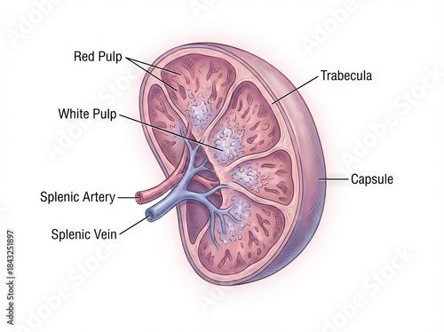 Detailed medical illustration depicting human spleen anatomy, showcasing the organ's internal structures for scientific biology education, an accurate learning resource.