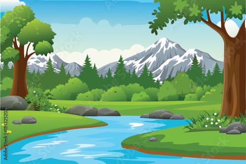 a serene landscape featuring lush green trees a winding river and majestic