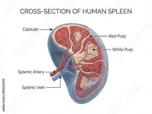 Detailed human spleen anatomy cross-section medical illustration, showcasing its internal organ biological structure as an educational diagram for healthcare and scientific applications.