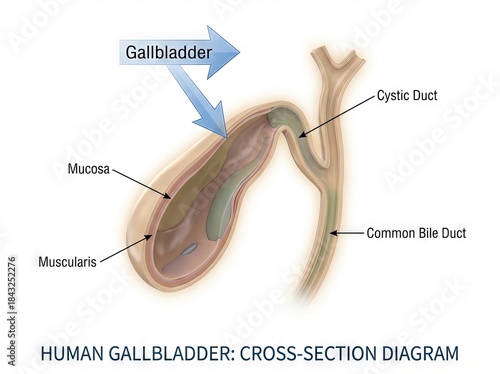 Detailed scientific human gallbladder cross-section diagram illustration, depicting precise internal anatomy of this digestive organ for medical education purposes.