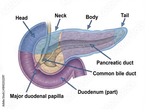 Detailed medical illustration showcasing human pancreas anatomy with labelled duodenum, digestive organ sections, and crucial duct system for scientific education.