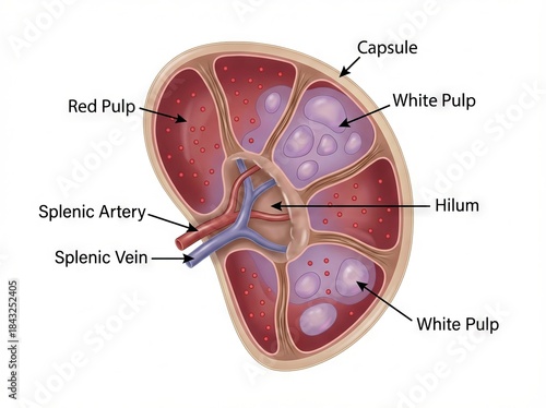 Detailed scientific medical illustration of the human spleen anatomy, showing an internal cross-section diagram vital for biology education and research.