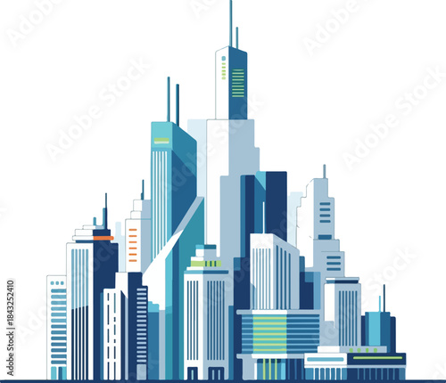 Modern City Skyline: A sleek illustration of a modern city skyline showcases a collection of towering skyscrapers, each designed with clean lines and a contemporary aesthetic.