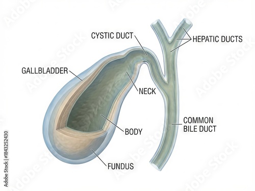 Detailed medical illustration of the human gallbladder organ, showcasing its anatomy, bile and cystic ducts, along with the hepatic duct system for education.