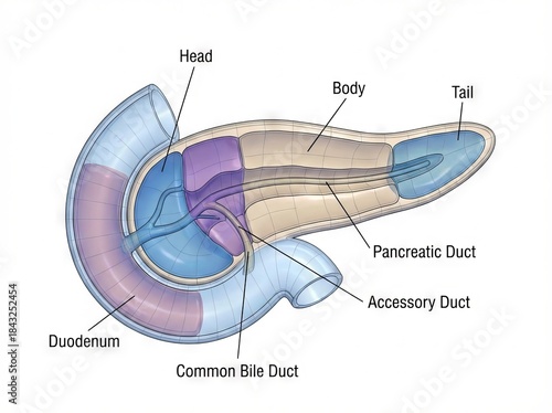Vibrant human pancreas anatomy illustration depicting the digestive organ and duodenum, a clear medical biology diagram for education.