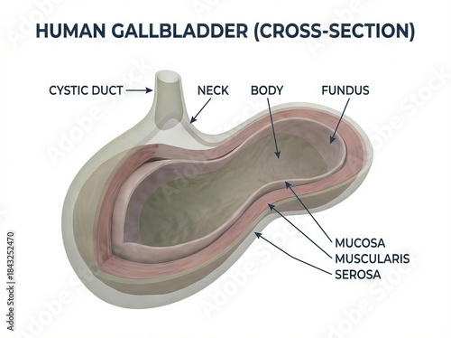 Detailed Human Gallbladder Cross-section Anatomy Illustration for Medical Diagrams, showcasing the Digestive Organ's internal Biology and layers in a clear, educational style.