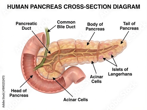 Detailed human pancreas anatomy diagram, showing a medical cross-section with endocrine and digestive system structures, ideal for educational illustration.