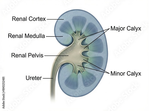 Detailed human kidney anatomy illustration, a precise medical diagram showcasing the internal organ structure in cross-section for biology education.