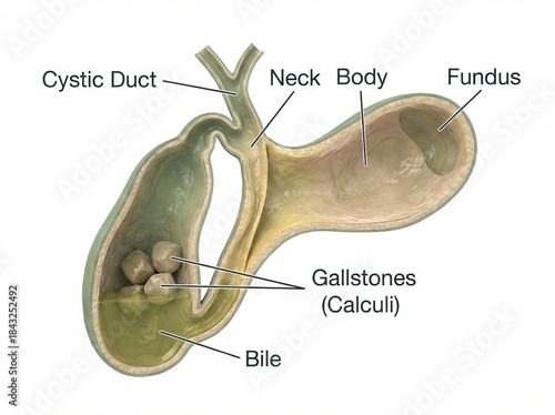 Detailed medical 3D illustration of human gallbladder anatomy with gallstones and bile, depicting digestive system disease for education.
