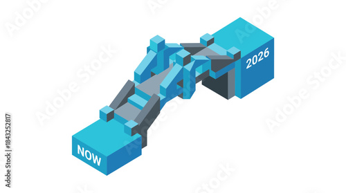 Abstract bridge linking now to 2026 isometric vector illustration