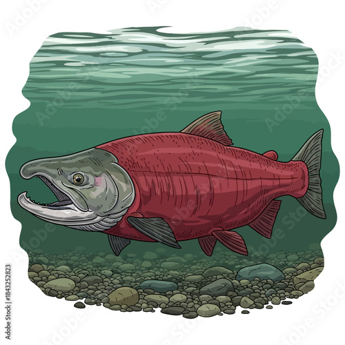 Spawning sockeye salmon swimming in a river fishing illustration vector image t shirt design