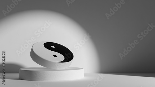 A white and black symbol of yin and yang is on a white pedestal