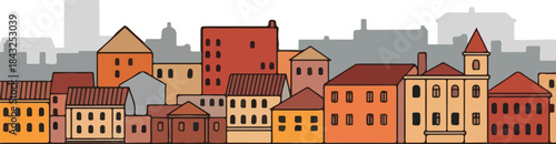 Cityscape silhouette: An illustration showcases a row of colorful buildings, offering a vibrant skyline with various architectural designs. It evokes a sense of urban living and community.