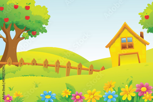 a charming countryside scene featuring a yellow house apple tree and vibrant