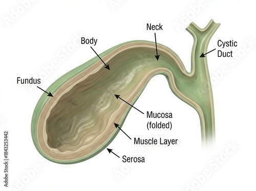 Detailed Medical Illustration of Human Gallbladder Anatomy, showcasing Internal Structure and Cross-section of this vital Digestive Organ.