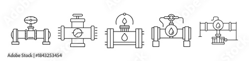Industrial pipeline valve and gauge line art icon set for energy sector design