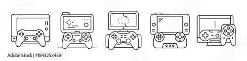 Video game console, handheld, mobile and computer gaming device line icon set