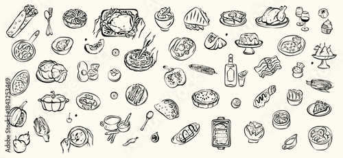 Hand drawn food and meal illustration set featuring various dishes, ingredients, desserts, drinks, and kitchen items. Vintage sketch style suitable for menu design, restaurant branding, packaging, foo