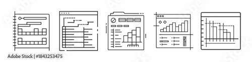 Line art vector of various business data charts, graphs, reports, and schedules.