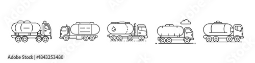 Line art icons set of various tanker trucks for transporting fuel and liquids