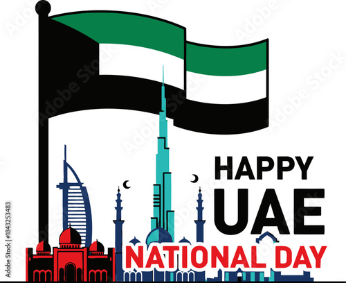 UAE National Day Celebration: A graphic depiction of the UAE flag soaring high, its colors celebrating the nation's heritage, alongside iconic landmarks, symbolizing national pride. 