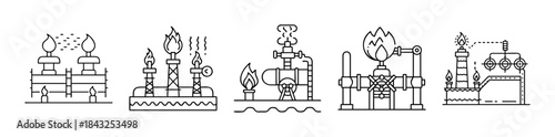 Gas flare, oil production, energy infrastructure line art vector sign.