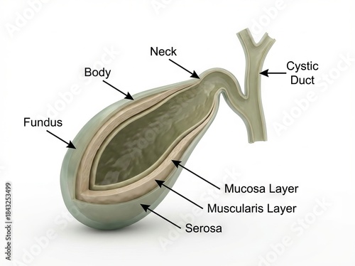 Detailed Human Gallbladder Anatomy Scientific Illustration, a Cross-section view highlighting Digestive Organ Layers and parts for Medical education.