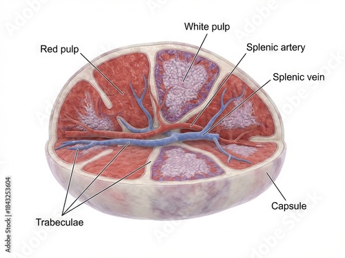 Detailed Human Spleen Anatomy Medical Illustration showing internal organ cross-section, essential for biology and health education, rendered vividly for science and physiology studies.