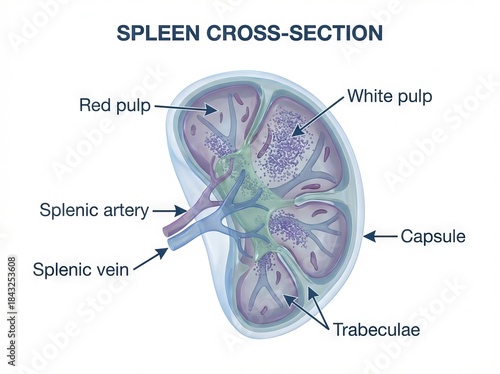 Detailed human spleen anatomy cross-section illustration, an educational biological medical diagram highlighting this vital organ for healthcare professionals, perfect for teaching and research.