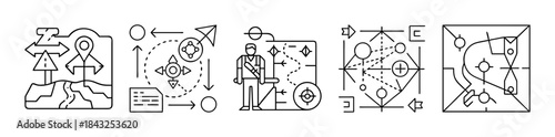 Line art icons for navigation, strategic planning, and data analysis concepts