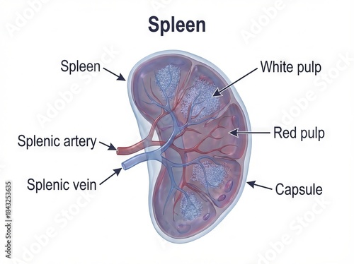 Detailed human spleen anatomy diagram showcasing organ cross-section with medical illustration for biology education, highlighting internal detailed structures.