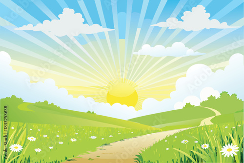 A bright sun shines over a green landscape with a winding pathway high quality