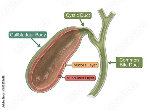 Detailed medical illustration of human gallbladder anatomy, revealing the digestive organ's cross-section and associated bile duct system for scientific accuracy.