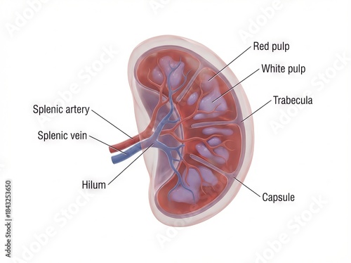 Detailed Human Spleen Anatomy Medical Illustration: Internal Organ Cross-section Diagram, showing key structures like red pulp and splenic artery for educational content.
