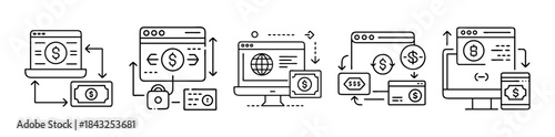 Online financial transactions and digital money transfer system icons
