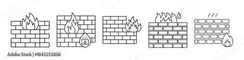 Firewall cybersecurity protection concept vector line icons set for safety