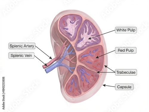 Detailed scientific medical illustration of human spleen anatomy, featuring a cross-section revealing internal structures of this vital organ for educational diagram use.
