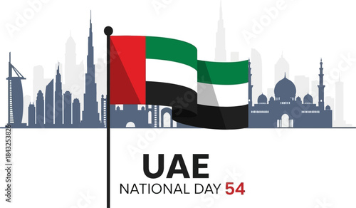 UAE National Day: The iconic flag of the United Arab Emirates flies proudly against a backdrop of the nation's stunning skyline in celebration of its national day.