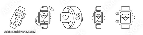 Smartwatch and fitness tracker health monitoring line icons vector design