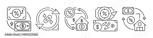 Financial transactions, interest rates, money exchange, and property icons.